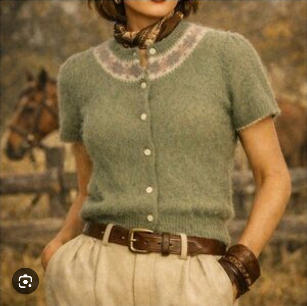 Ralph Lauren Angora Vintage Soft Knit Short-Sleeve Cardigan Sweater  Sage Green